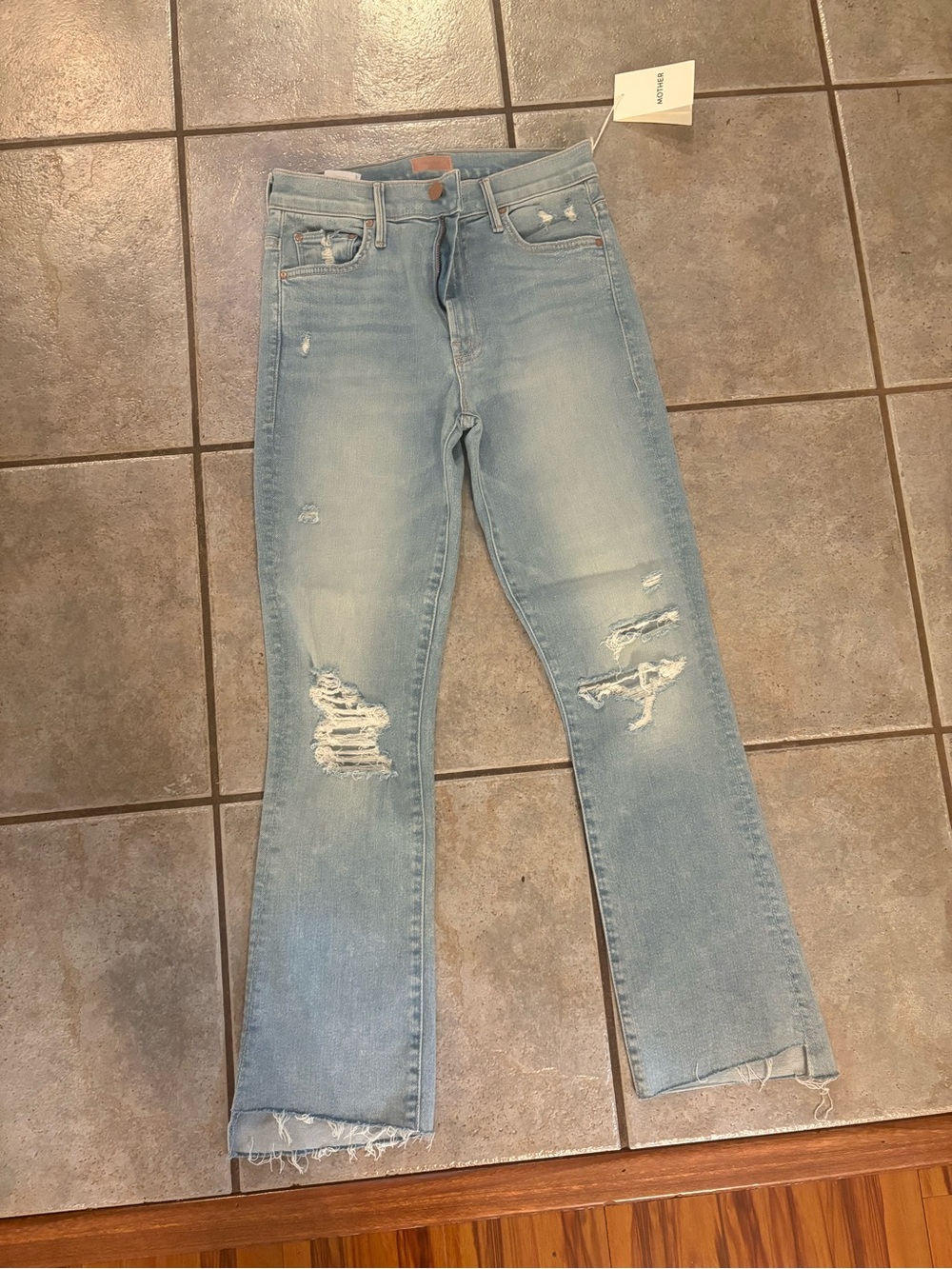 MOTHER Light Blue Distressed Flare Jeans
